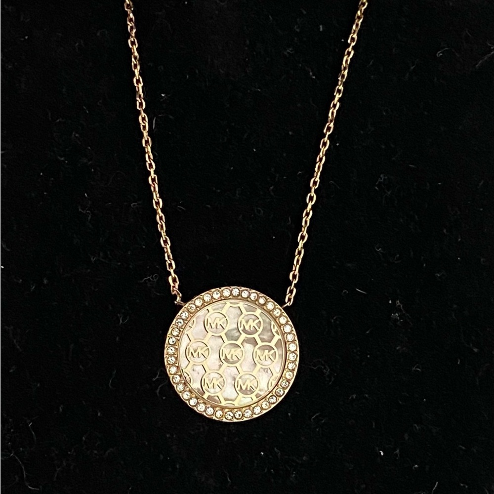 Michael Kors, logo necklace, gold tone, mother of pearl
